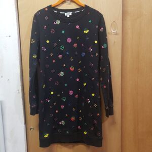 Kenzo Tanami Flower sweatshirt dress in black cotton 32" long top-hem MMM sz Sm